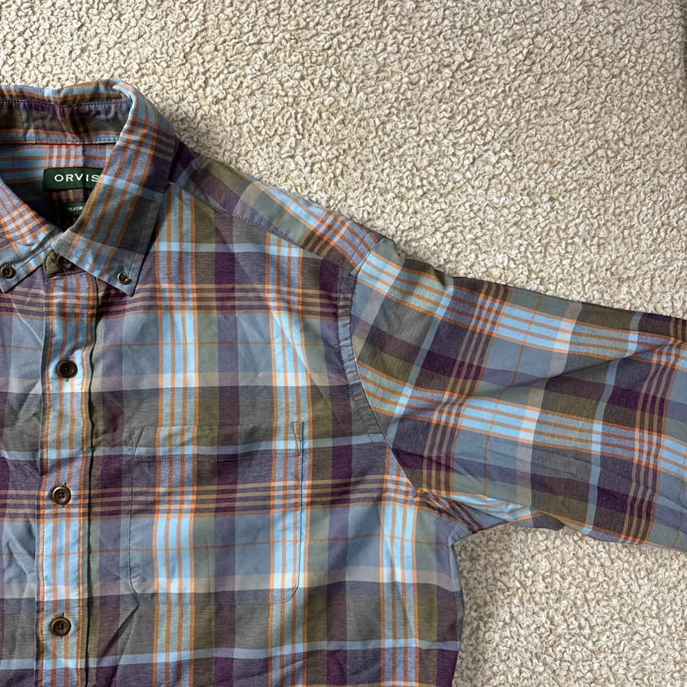 Orvis Flannel Shirt Long Sleeve Light Weight Plaid Blue Classic Fit Men's Large - Picture 4 of 10